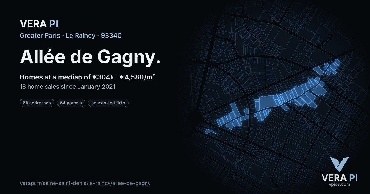 Allée de Gagny, Le Raincy at night – every parcel coloured by the prices around it, the street's own parcels lit