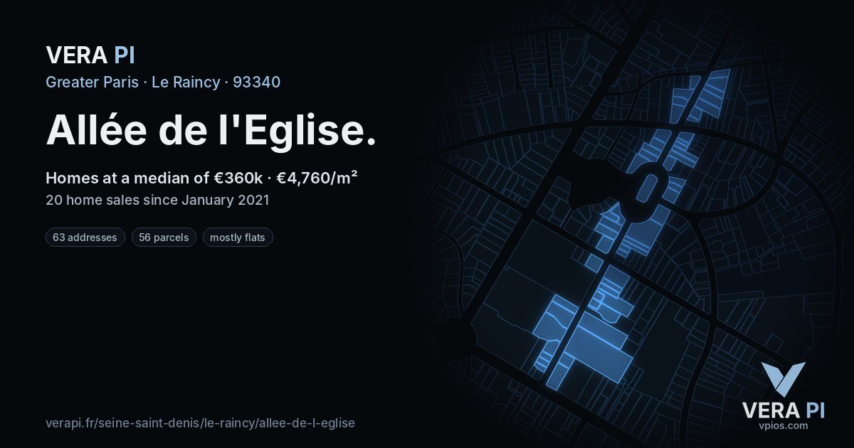 Allée de l'Eglise, Le Raincy at night – every parcel coloured by the prices around it, the street's own parcels lit