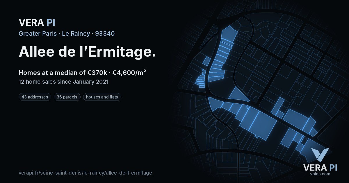 Allee de l’Ermitage, Le Raincy at night – every parcel coloured by the prices around it, the street's own parcels lit