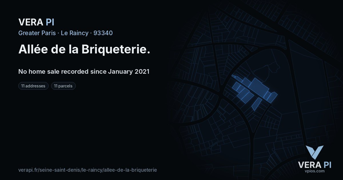 Allée de la Briqueterie, Le Raincy at night – every parcel coloured by the prices around it, the street's own parcels lit
