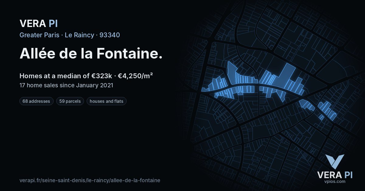 Allée de la Fontaine, Le Raincy at night – every parcel coloured by the prices around it, the street's own parcels lit