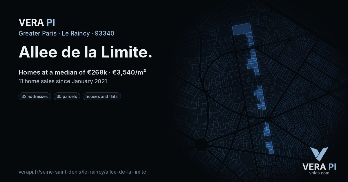 Allee de la Limite, Le Raincy at night – every parcel coloured by the prices around it, the street's own parcels lit
