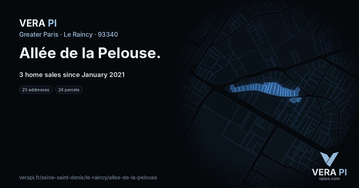 Allée de la Pelouse, Le Raincy at night – every parcel coloured by the prices around it, the street's own parcels lit