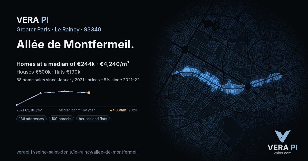 Allée de Montfermeil, Le Raincy at night – every parcel coloured by the prices around it, the street's own parcels lit