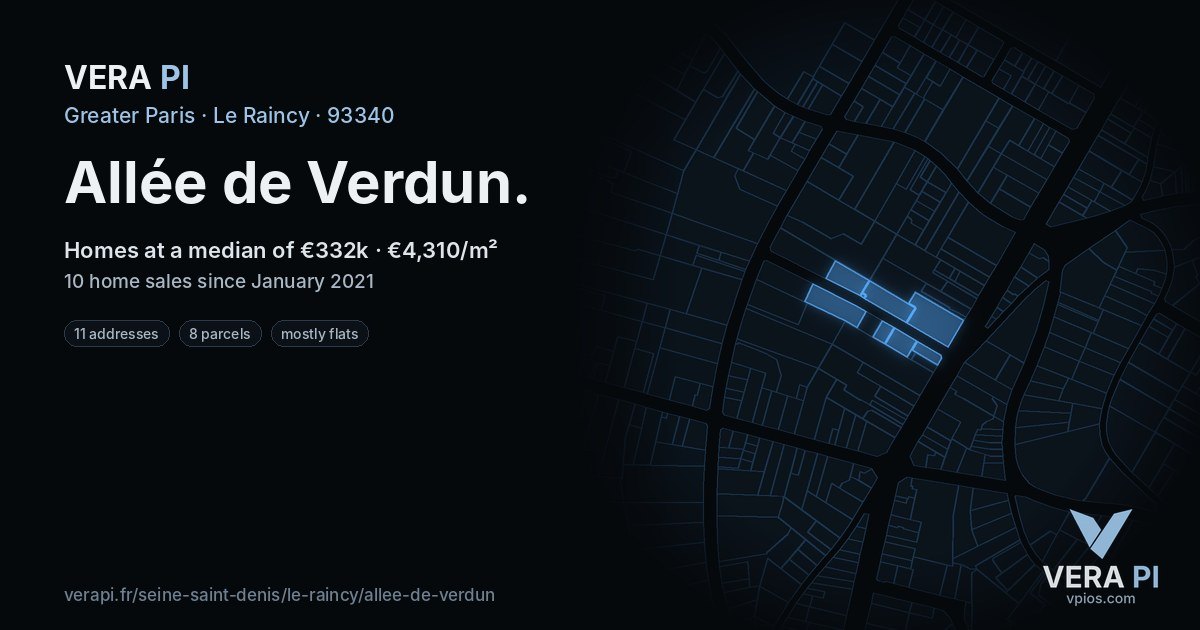Allée de Verdun, Le Raincy at night – every parcel coloured by the prices around it, the street's own parcels lit