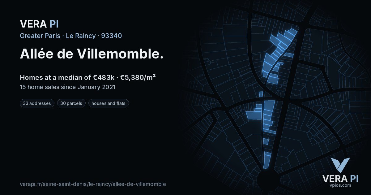 Allée de Villemomble, Le Raincy at night – every parcel coloured by the prices around it, the street's own parcels lit