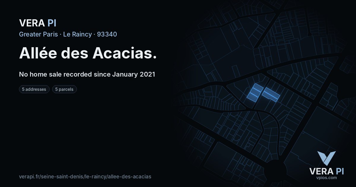 Allée des Acacias, Le Raincy at night – every parcel coloured by the prices around it, the street's own parcels lit