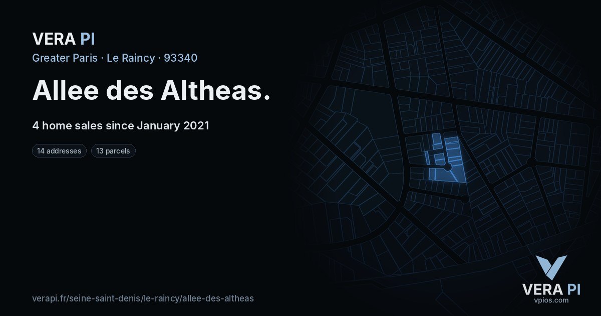 Allee des Altheas, Le Raincy at night – every parcel coloured by the prices around it, the street's own parcels lit