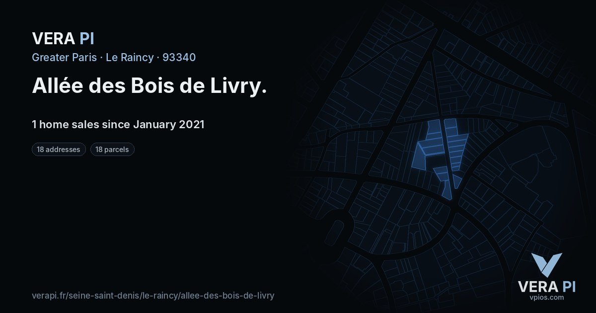 Allée des Bois de Livry, Le Raincy at night – every parcel coloured by the prices around it, the street's own parcels lit