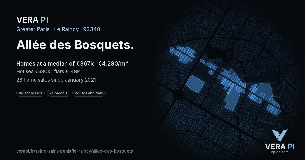Allée des Bosquets, Le Raincy at night – every parcel coloured by the prices around it, the street's own parcels lit