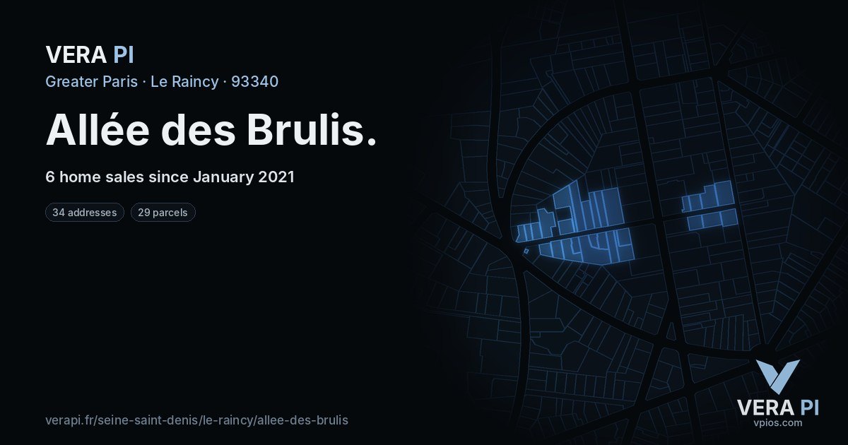 Allée des Brulis, Le Raincy at night – every parcel coloured by the prices around it, the street's own parcels lit