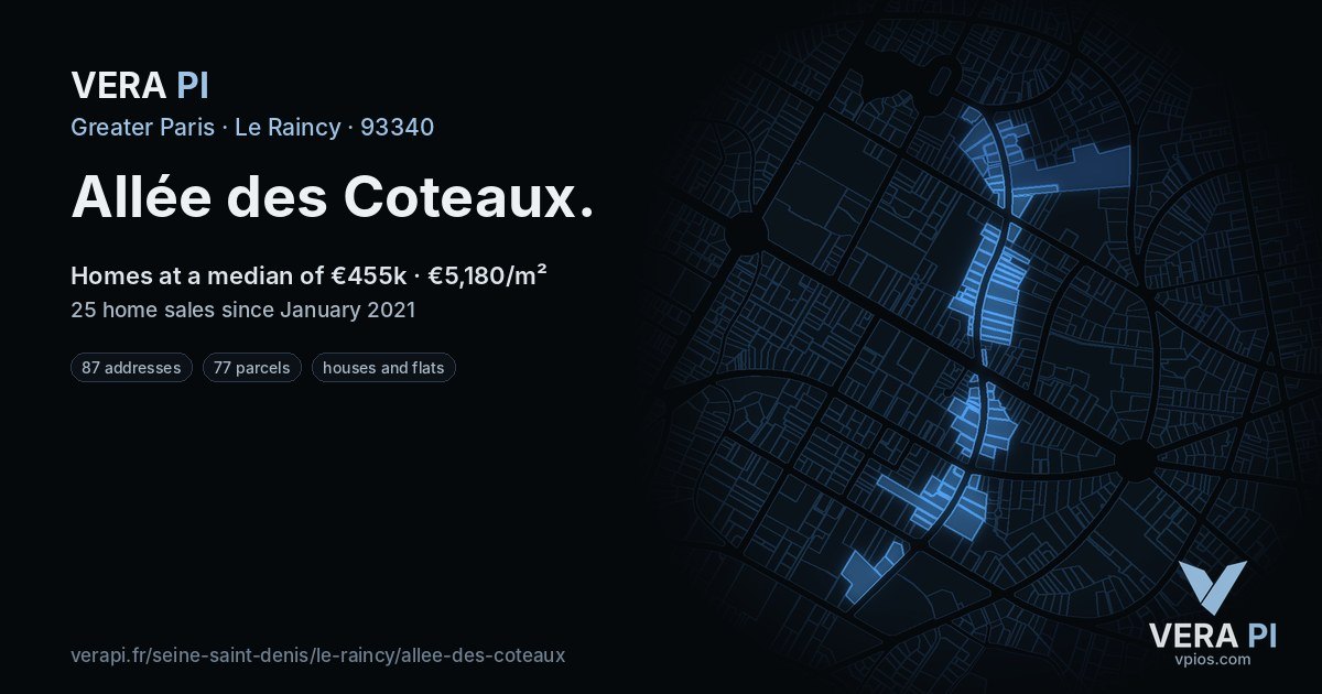 Allée des Coteaux, Le Raincy at night – every parcel coloured by the prices around it, the street's own parcels lit