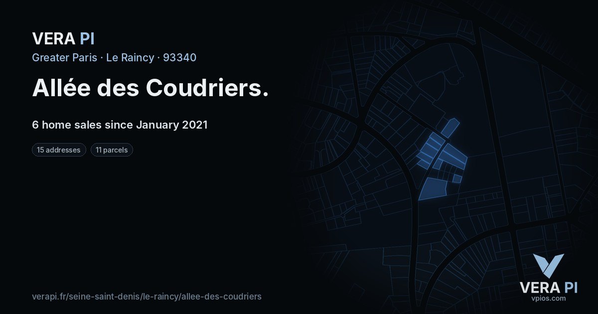 Allée des Coudriers, Le Raincy at night – every parcel coloured by the prices around it, the street's own parcels lit