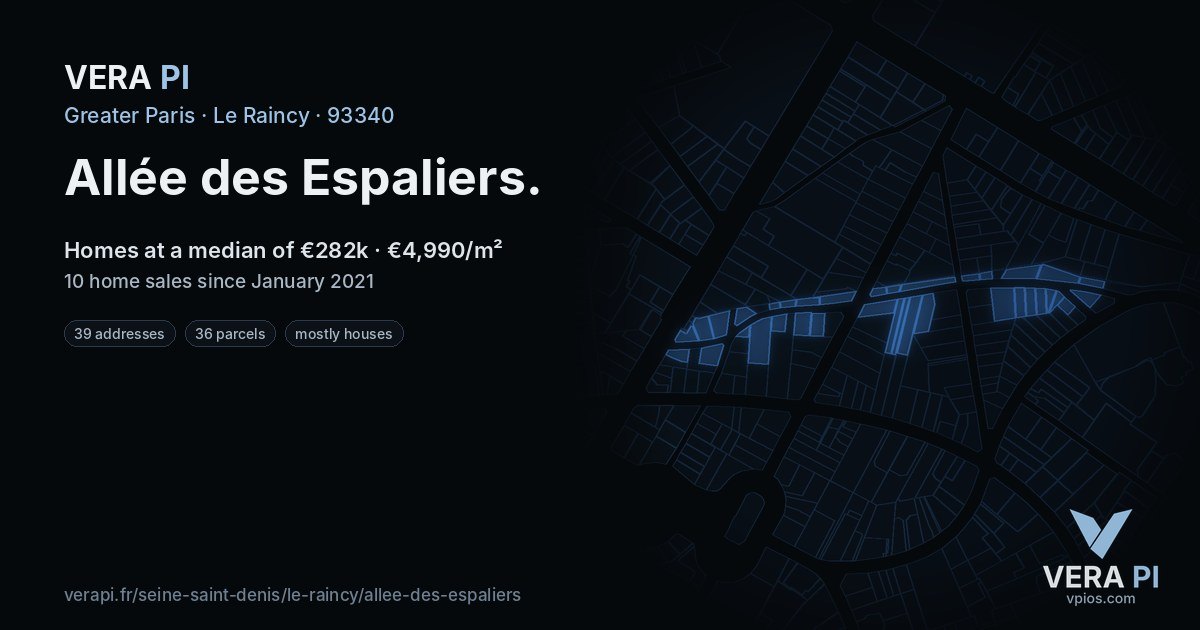 Allée des Espaliers, Le Raincy at night – every parcel coloured by the prices around it, the street's own parcels lit