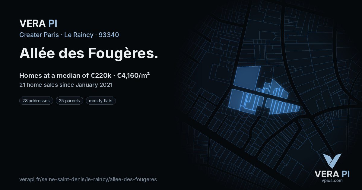 Allée des Fougères, Le Raincy at night – every parcel coloured by the prices around it, the street's own parcels lit