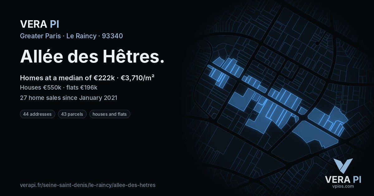 Allée des Hêtres, Le Raincy at night – every parcel coloured by the prices around it, the street's own parcels lit