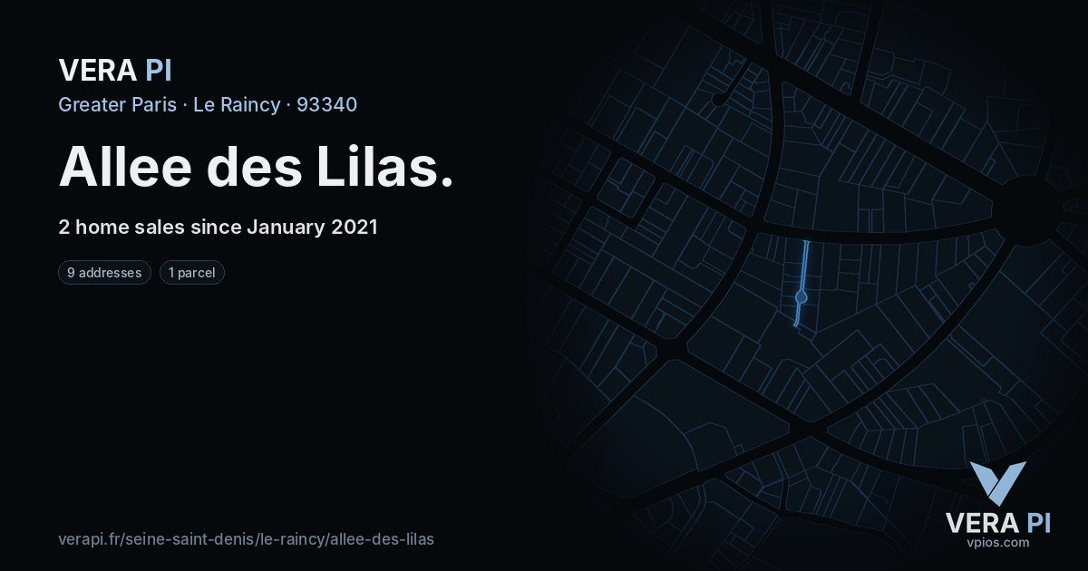 Allee des Lilas, Le Raincy at night – every parcel coloured by the prices around it, the street's own parcels lit