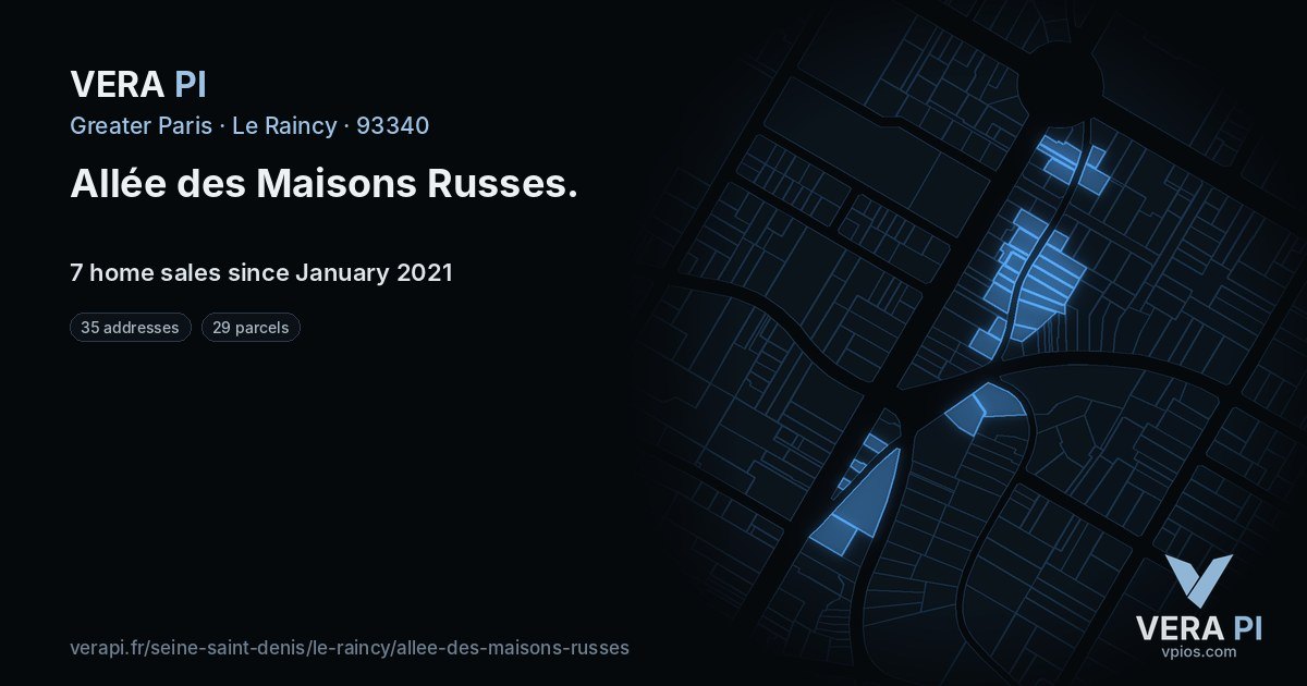 Allée des Maisons Russes, Le Raincy at night – every parcel coloured by the prices around it, the street's own parcels lit