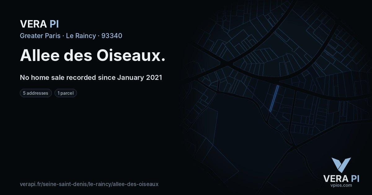 Allee des Oiseaux, Le Raincy at night – every parcel coloured by the prices around it, the street's own parcels lit