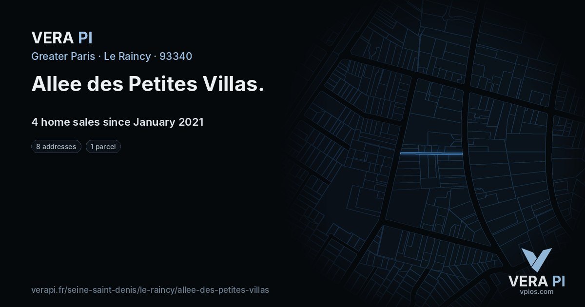 Allee des Petites Villas, Le Raincy at night – every parcel coloured by the prices around it, the street's own parcels lit
