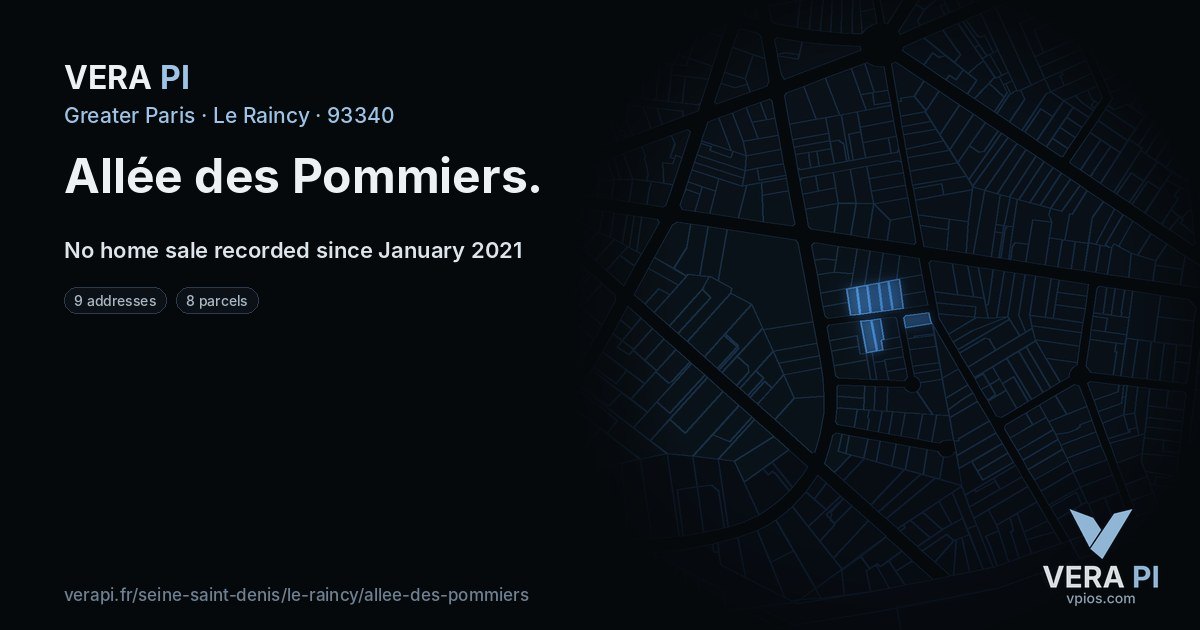 Allée des Pommiers, Le Raincy at night – every parcel coloured by the prices around it, the street's own parcels lit