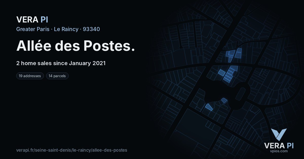 Allée des Postes, Le Raincy at night – every parcel coloured by the prices around it, the street's own parcels lit