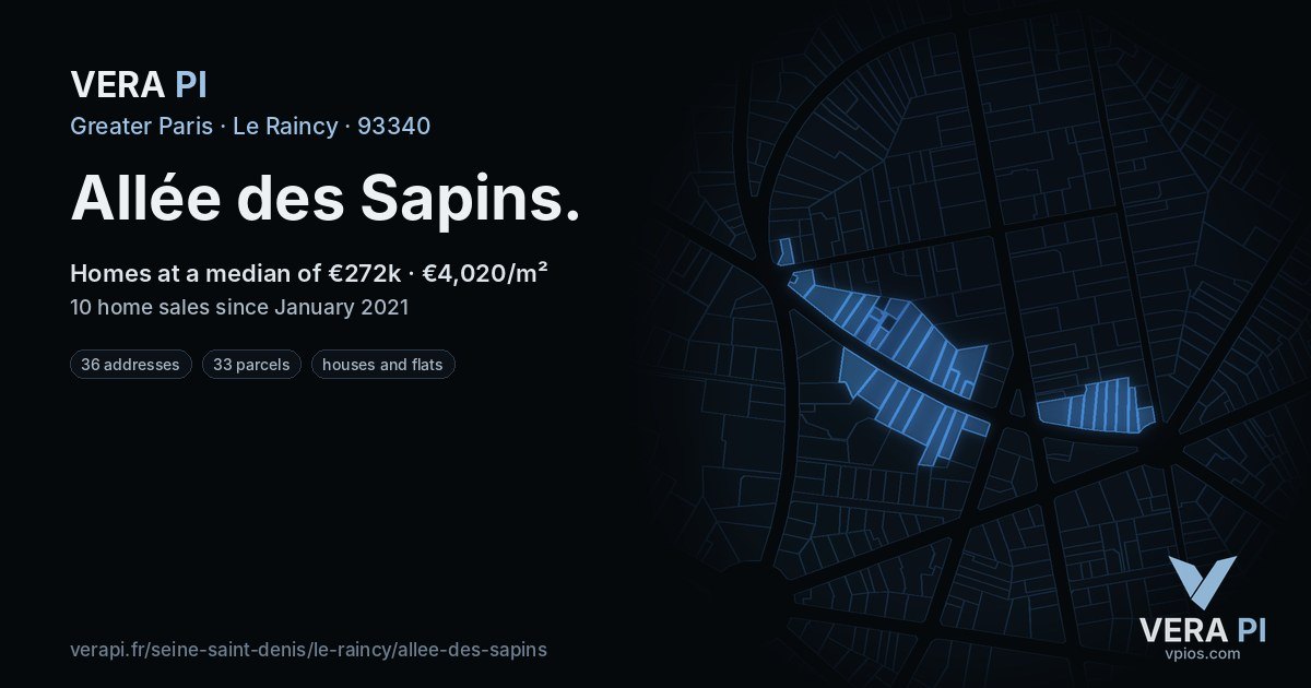 Allée des Sapins, Le Raincy at night – every parcel coloured by the prices around it, the street's own parcels lit