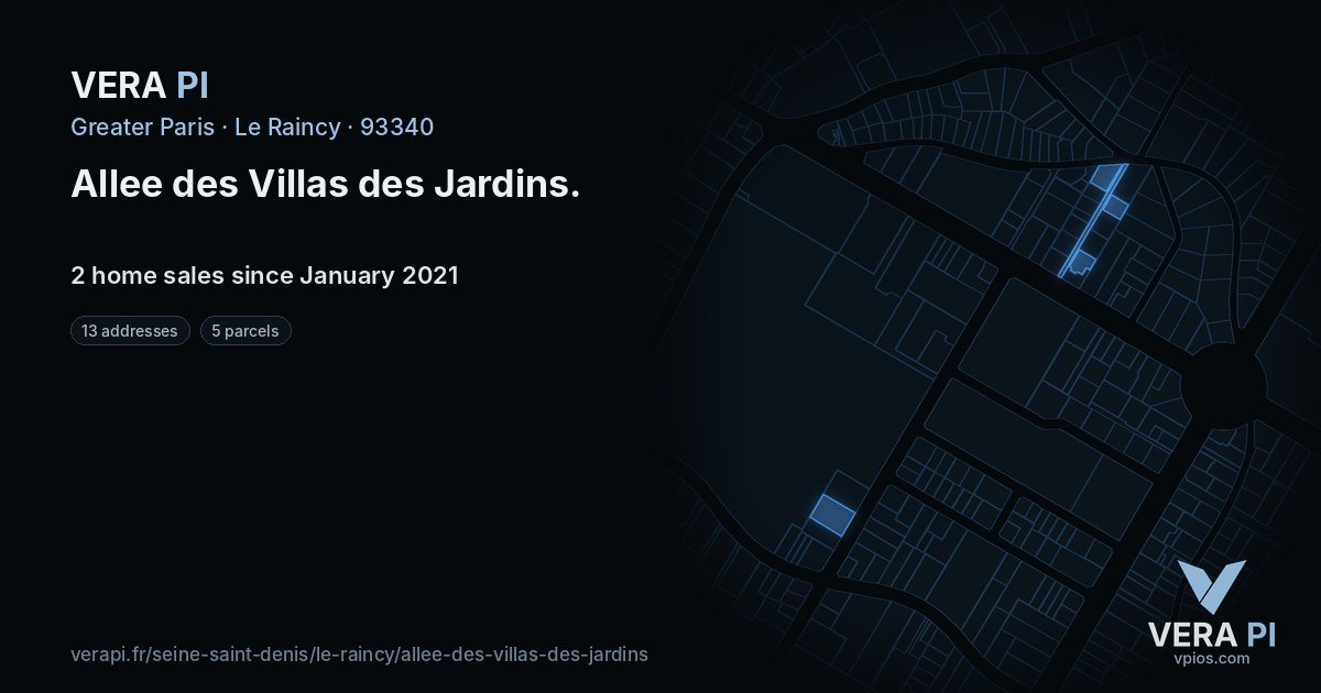 Allee des Villas des Jardins, Le Raincy at night – every parcel coloured by the prices around it, the street's own parcels lit
