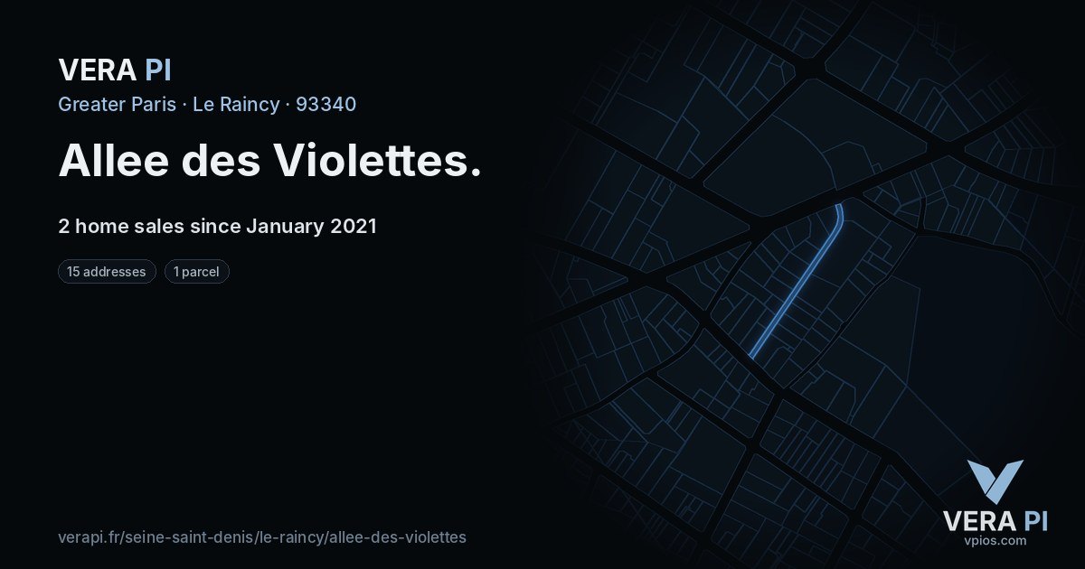 Allee des Violettes, Le Raincy at night – every parcel coloured by the prices around it, the street's own parcels lit