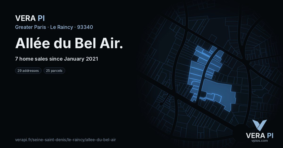 Allée du Bel Air, Le Raincy at night – every parcel coloured by the prices around it, the street's own parcels lit