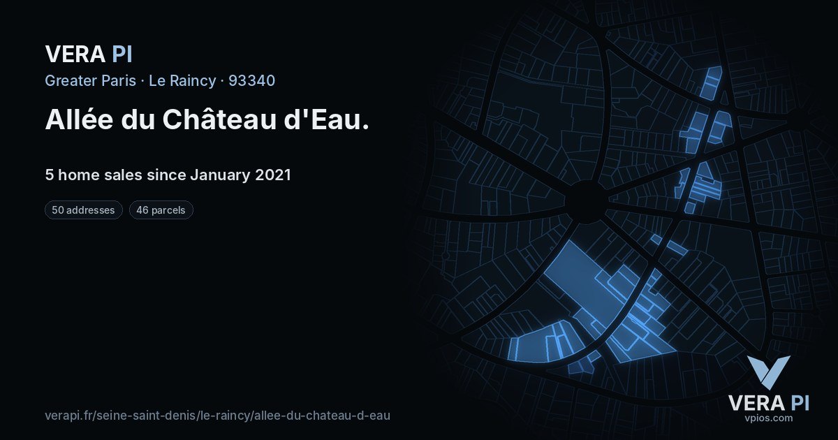 Allée du Château d'Eau, Le Raincy at night – every parcel coloured by the prices around it, the street's own parcels lit