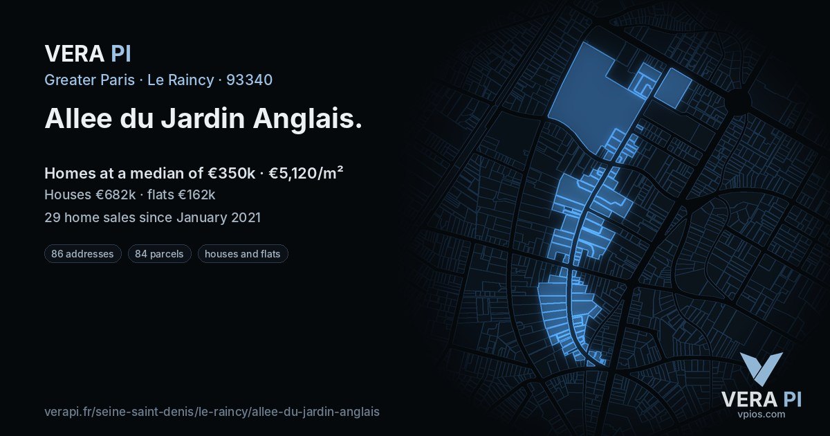 Allee du Jardin Anglais, Le Raincy at night – every parcel coloured by the prices around it, the street's own parcels lit