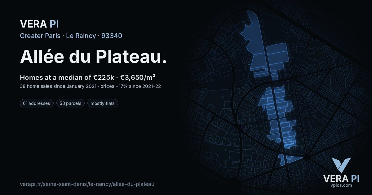 Allée du Plateau, Le Raincy at night – every parcel coloured by the prices around it, the street's own parcels lit