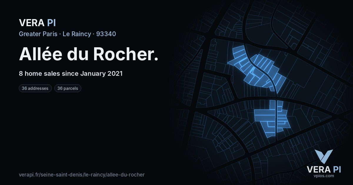 Allée du Rocher, Le Raincy at night – every parcel coloured by the prices around it, the street's own parcels lit