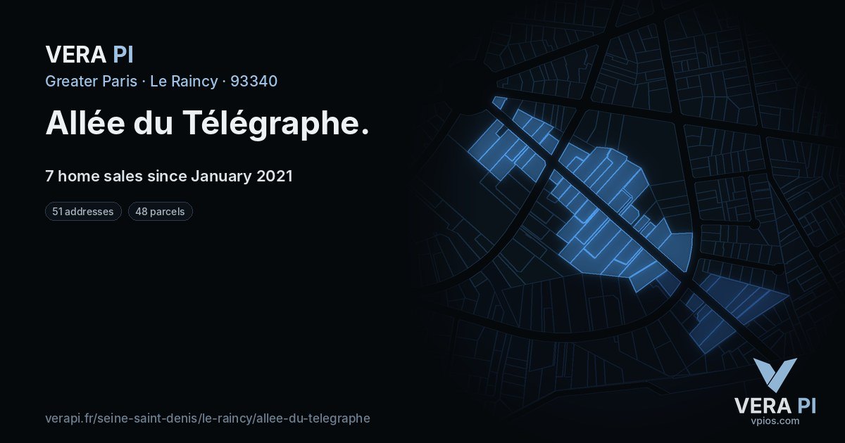 Allée du Télégraphe, Le Raincy at night – every parcel coloured by the prices around it, the street's own parcels lit
