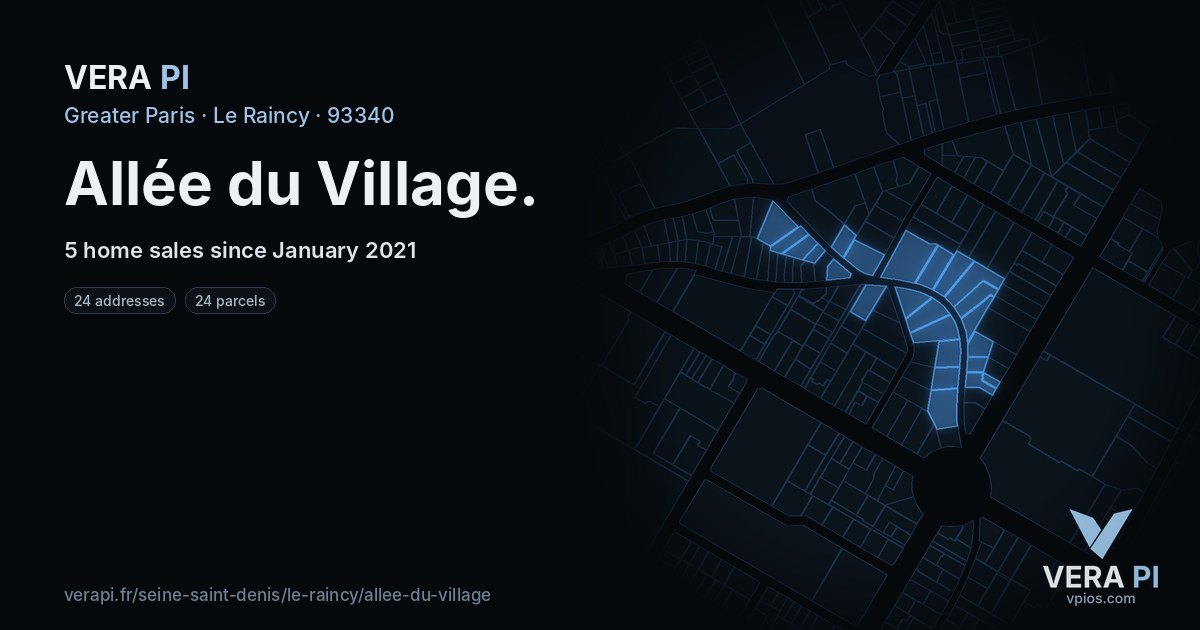 Allée du Village, Le Raincy at night – every parcel coloured by the prices around it, the street's own parcels lit