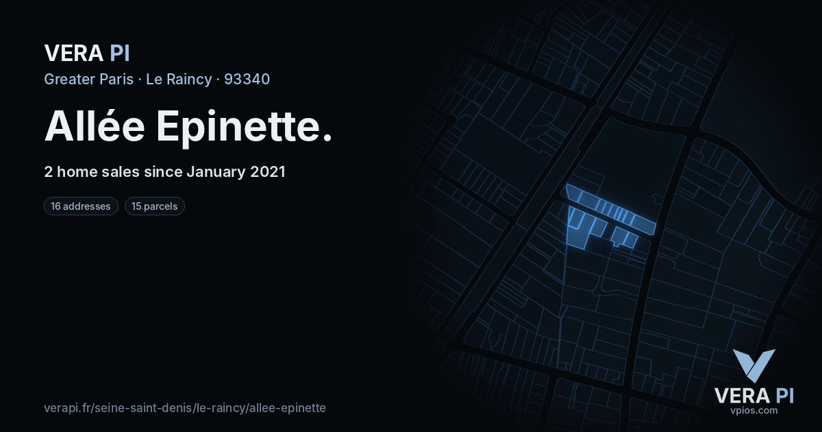 Allée Epinette, Le Raincy at night – every parcel coloured by the prices around it, the street's own parcels lit