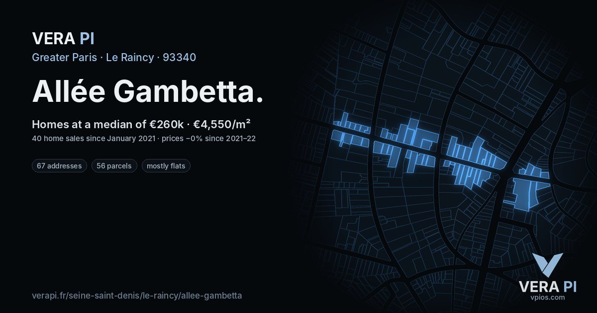 Allée Gambetta, Le Raincy at night – every parcel coloured by the prices around it, the street's own parcels lit