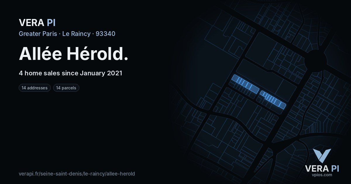Allée Hérold, Le Raincy at night – every parcel coloured by the prices around it, the street's own parcels lit