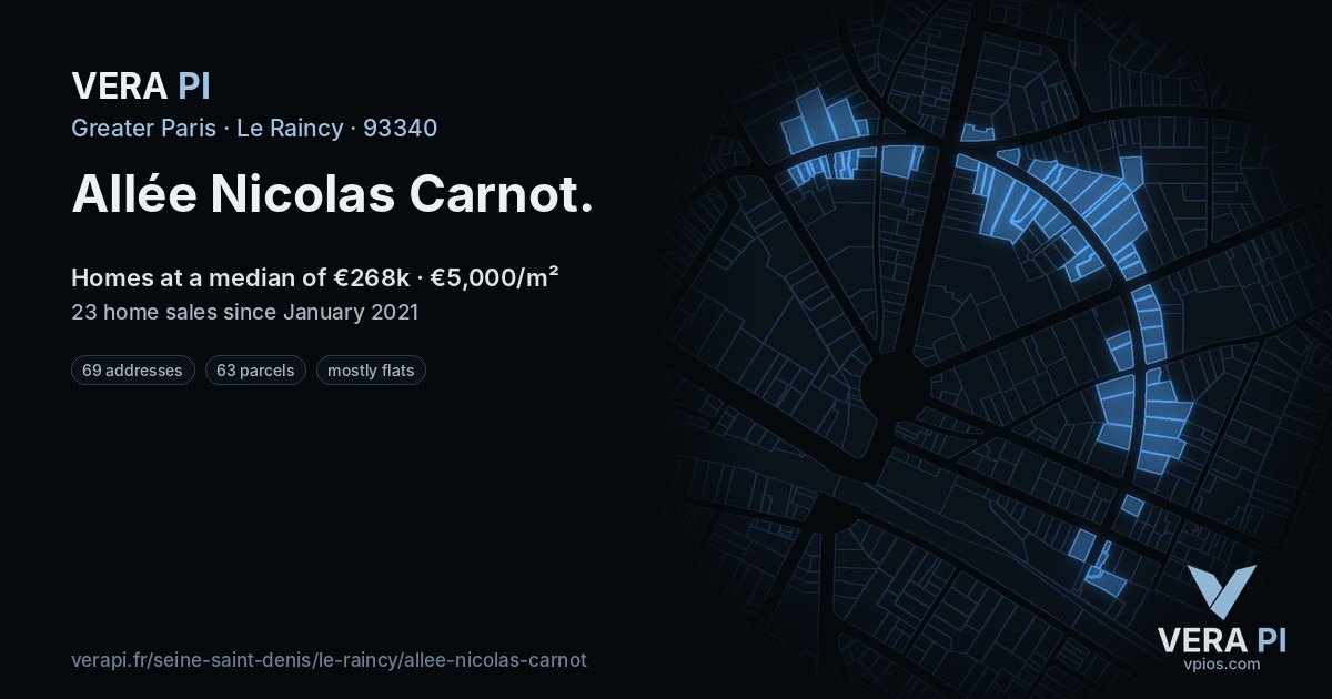 Allée Nicolas Carnot, Le Raincy at night – every parcel coloured by the prices around it, the street's own parcels lit
