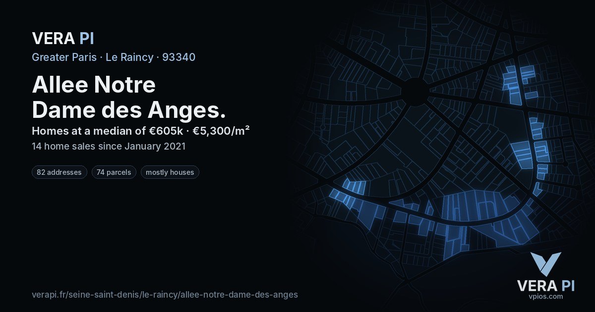 Allee Notre Dame des Anges, Le Raincy at night – every parcel coloured by the prices around it, the street's own parcels lit