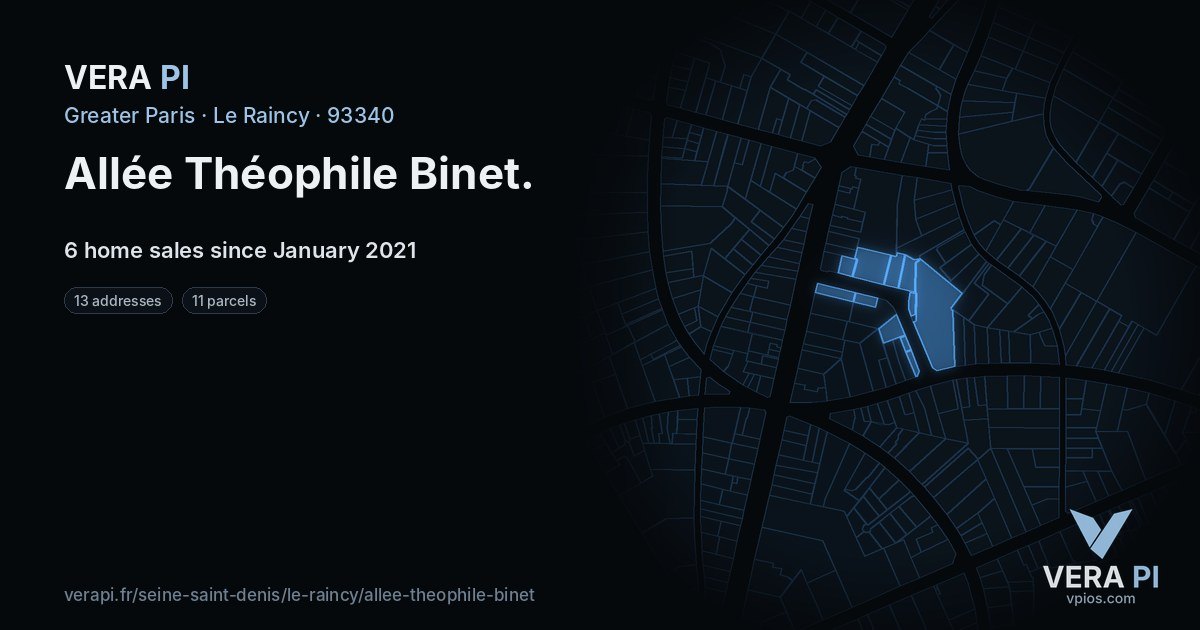 Allée Théophile Binet, Le Raincy at night – every parcel coloured by the prices around it, the street's own parcels lit