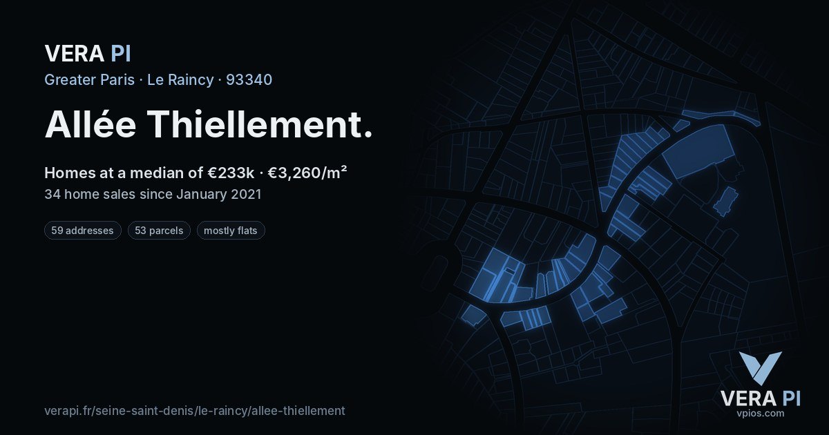 Allée Thiellement, Le Raincy at night – every parcel coloured by the prices around it, the street's own parcels lit