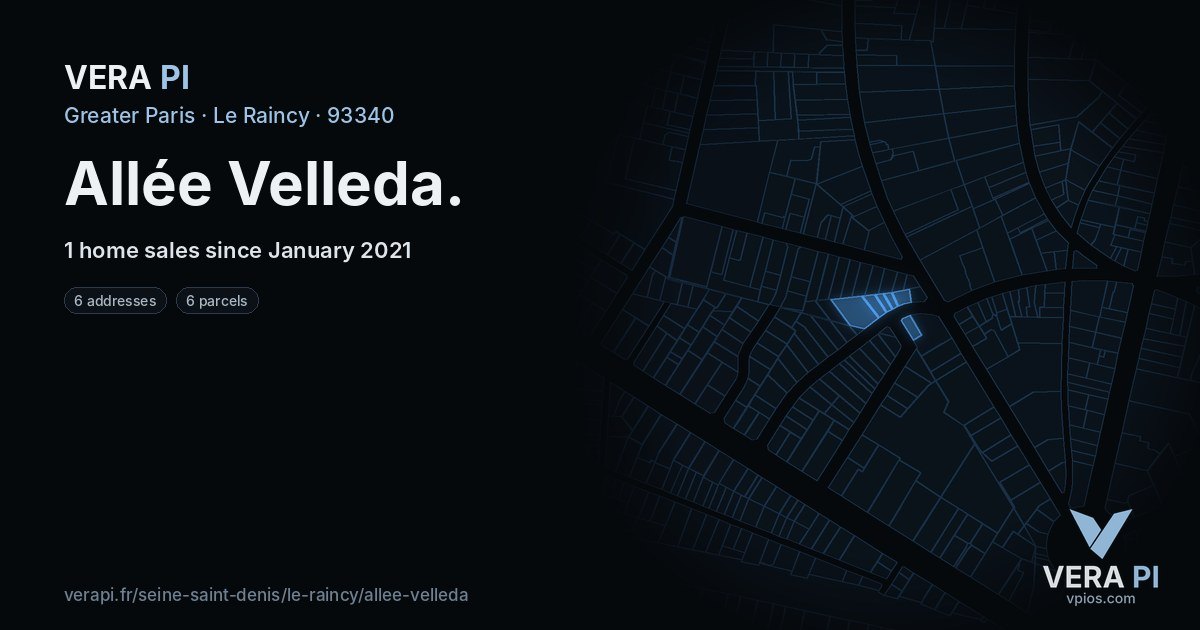 Allée Velleda, Le Raincy at night – every parcel coloured by the prices around it, the street's own parcels lit