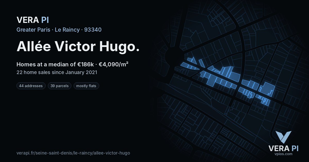 Allée Victor Hugo, Le Raincy at night – every parcel coloured by the prices around it, the street's own parcels lit