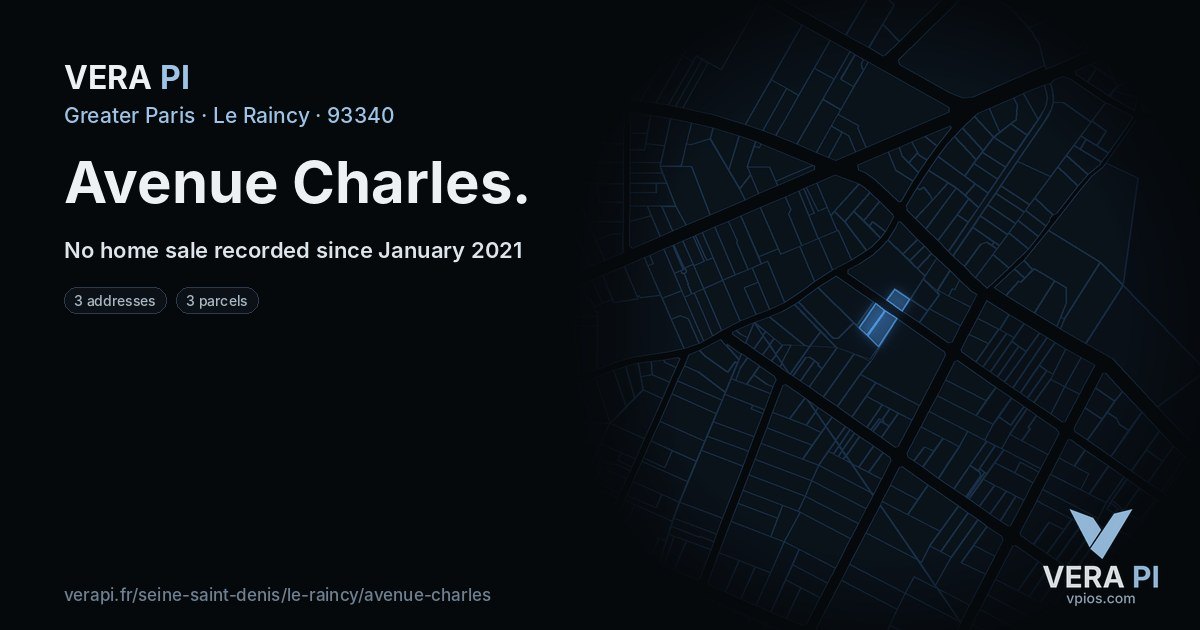 Avenue Charles, Le Raincy at night – every parcel coloured by the prices around it, the street's own parcels lit