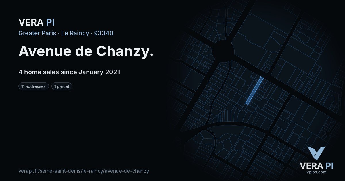 Avenue de Chanzy, Le Raincy at night – every parcel coloured by the prices around it, the street's own parcels lit
