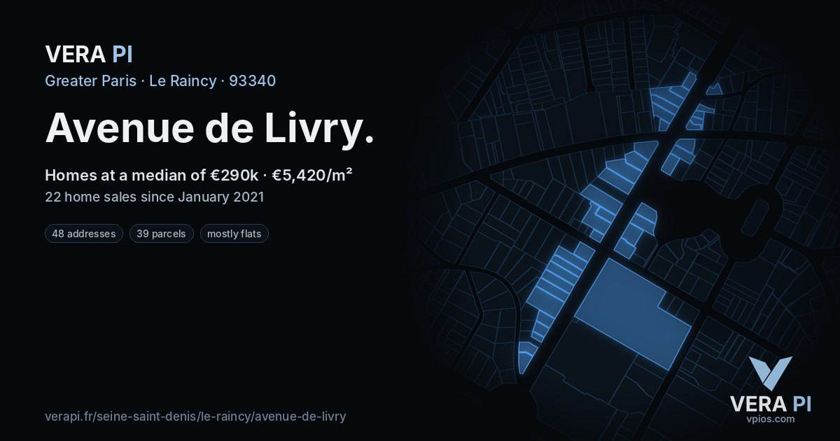 Avenue de Livry, Le Raincy at night – every parcel coloured by the prices around it, the street's own parcels lit