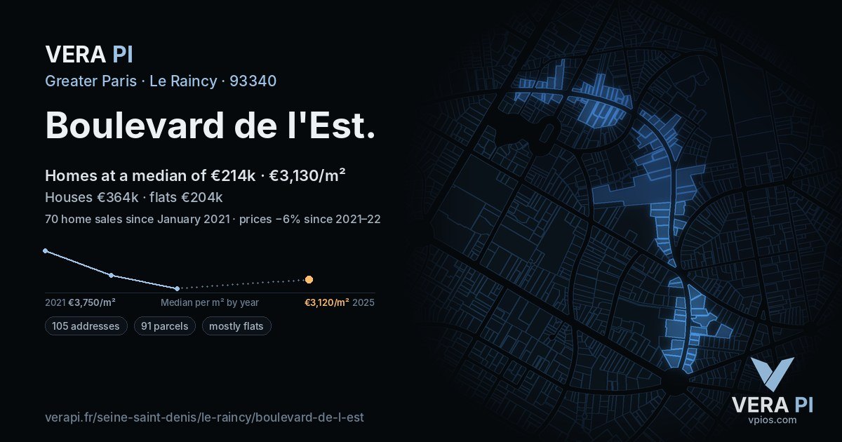 Boulevard de l'Est, Le Raincy at night – every parcel coloured by the prices around it, the street's own parcels lit
