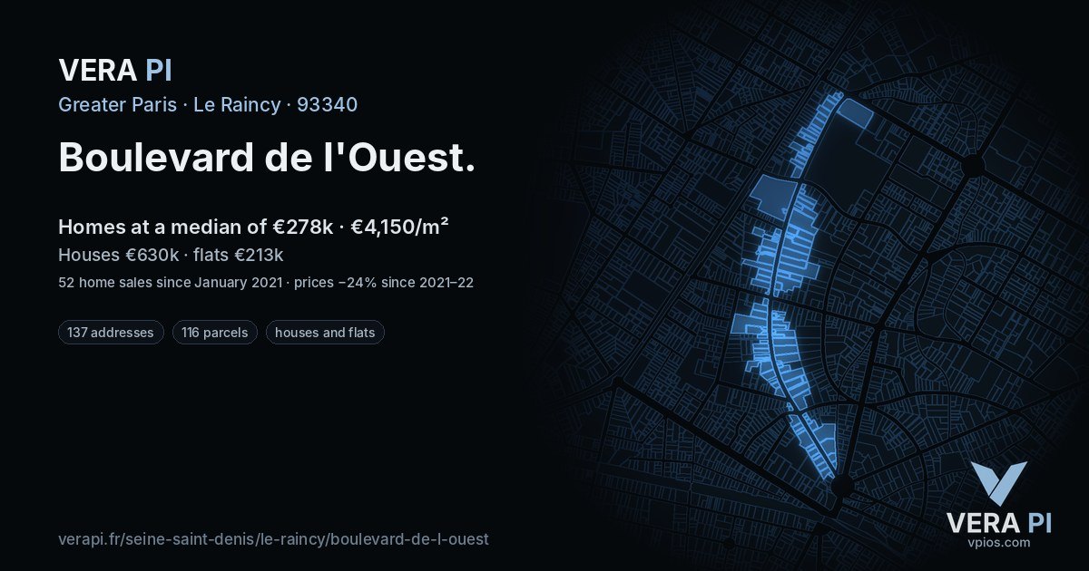 Boulevard de l'Ouest, Le Raincy at night – every parcel coloured by the prices around it, the street's own parcels lit